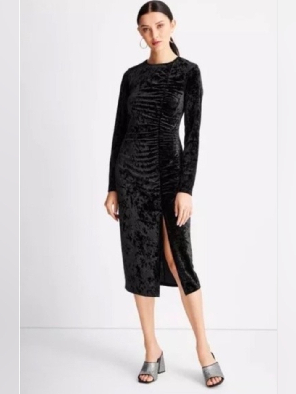 Future Collective Women's Velvet Ruched Long Sleeve Open Back Black Dress, Small